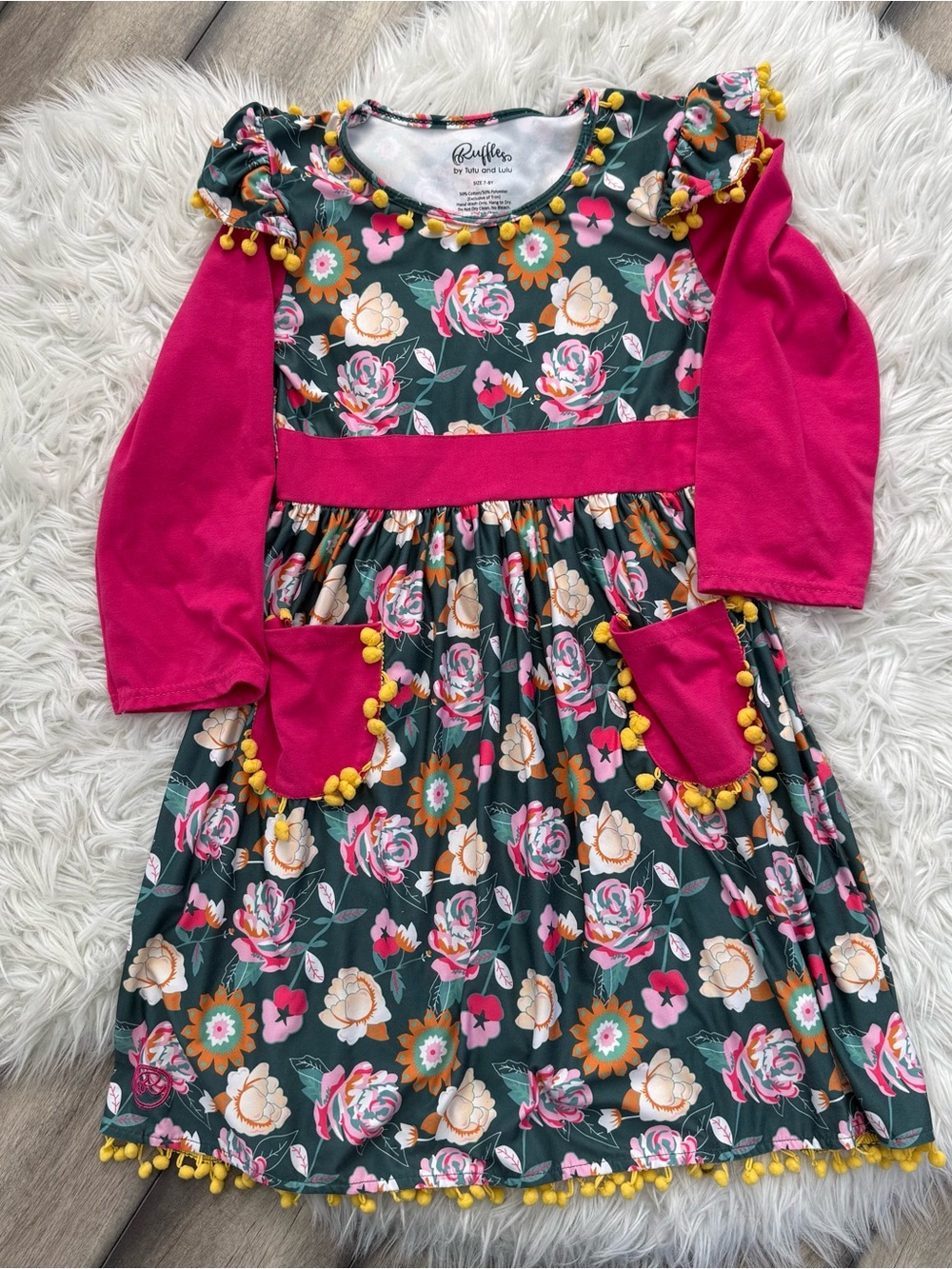 Ruffles By Tutu and Lulu Green Floral Dress with Yellow Pom-Poms